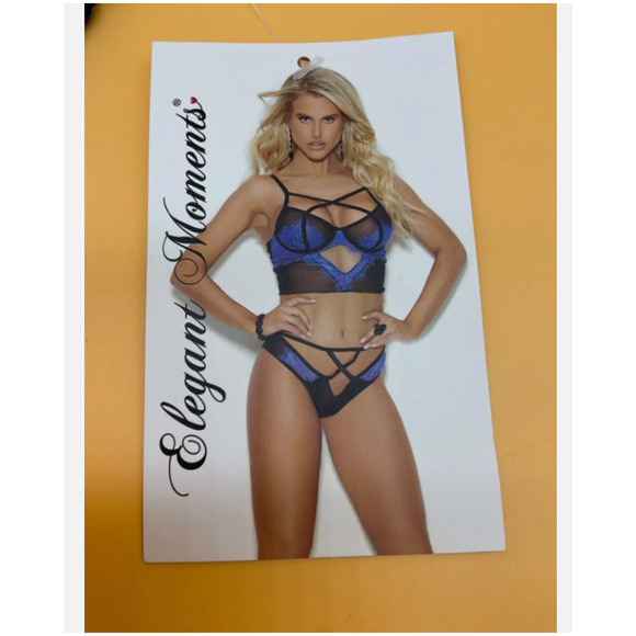 Elegant Moments #30007X Lingerie Set Plus Size 2X Blue/Black - Sexy Romantic 2PC - Picture 1 of 3